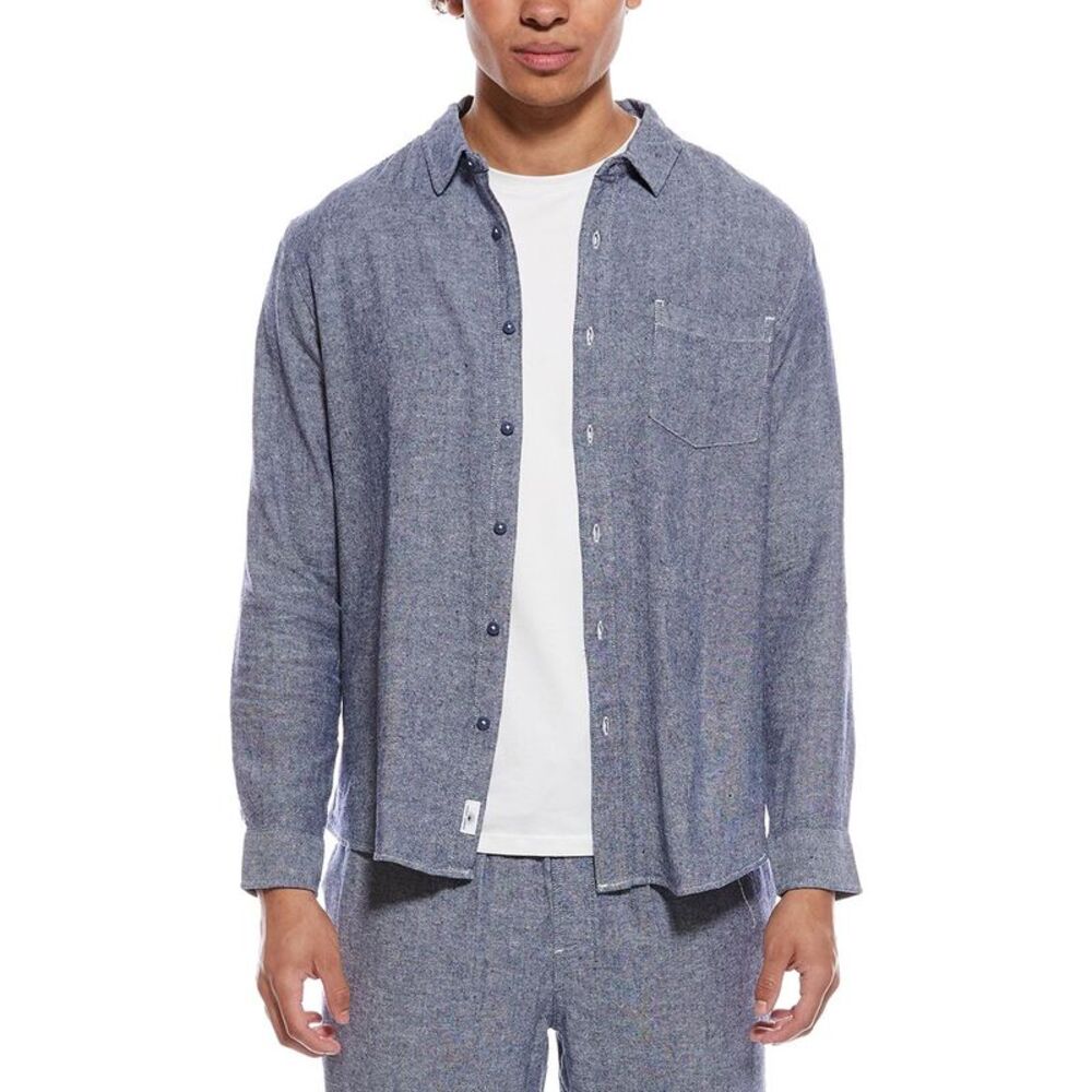 Vintage Summer Mens  Long Sleeve Linen-Blend Shirt, Navy